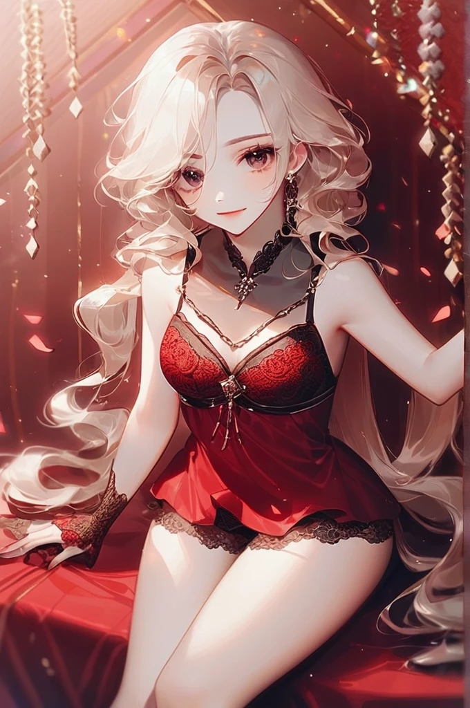 (最high quality, High resolution, masterpiece:1.2), Realistic, lace thong bra, Detailed Female Portrait, Beautiful slim legs, Long, flowing white hair, Bright pink eyes, masterpiece smile, high quality, 