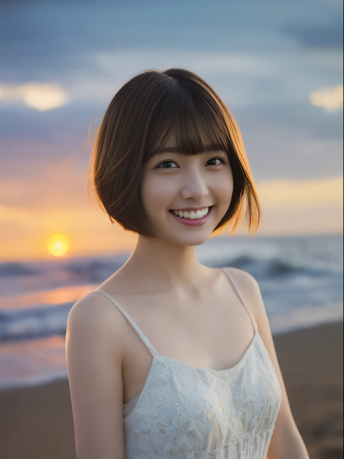 Only one female、((perfect bodies)))、(masterpiece)、((top-quality))、(ultra-detailliert)、((extremely delicate and beautiful))、(((Very shallow depth of field)))、nffsw,(((incredibly absurdness)))、((perfect bodies)))、(((A dark-haired)))、(((short cut hair)))、(Okabo hair)、(((Looking at the camera)))、(((small tits)))、(((The best smile that makes you happy)))、Camisole dresare+Background with、dynamic ungle、female focus on、{Particles of light}、Meticulous background with、((paul hedley)))、Soft lighting、(Dramatic sunset)、Evening glow、Very beautiful sunset、Live action、realisitic、Angle from above、cute face、(the background is blurred)、28year old、being thin、((the wind))、(((movement)))、(((emotional)))、((colourfull))、((a cute face))、((Beautiful teeth)) 、f lare、sea the background of
