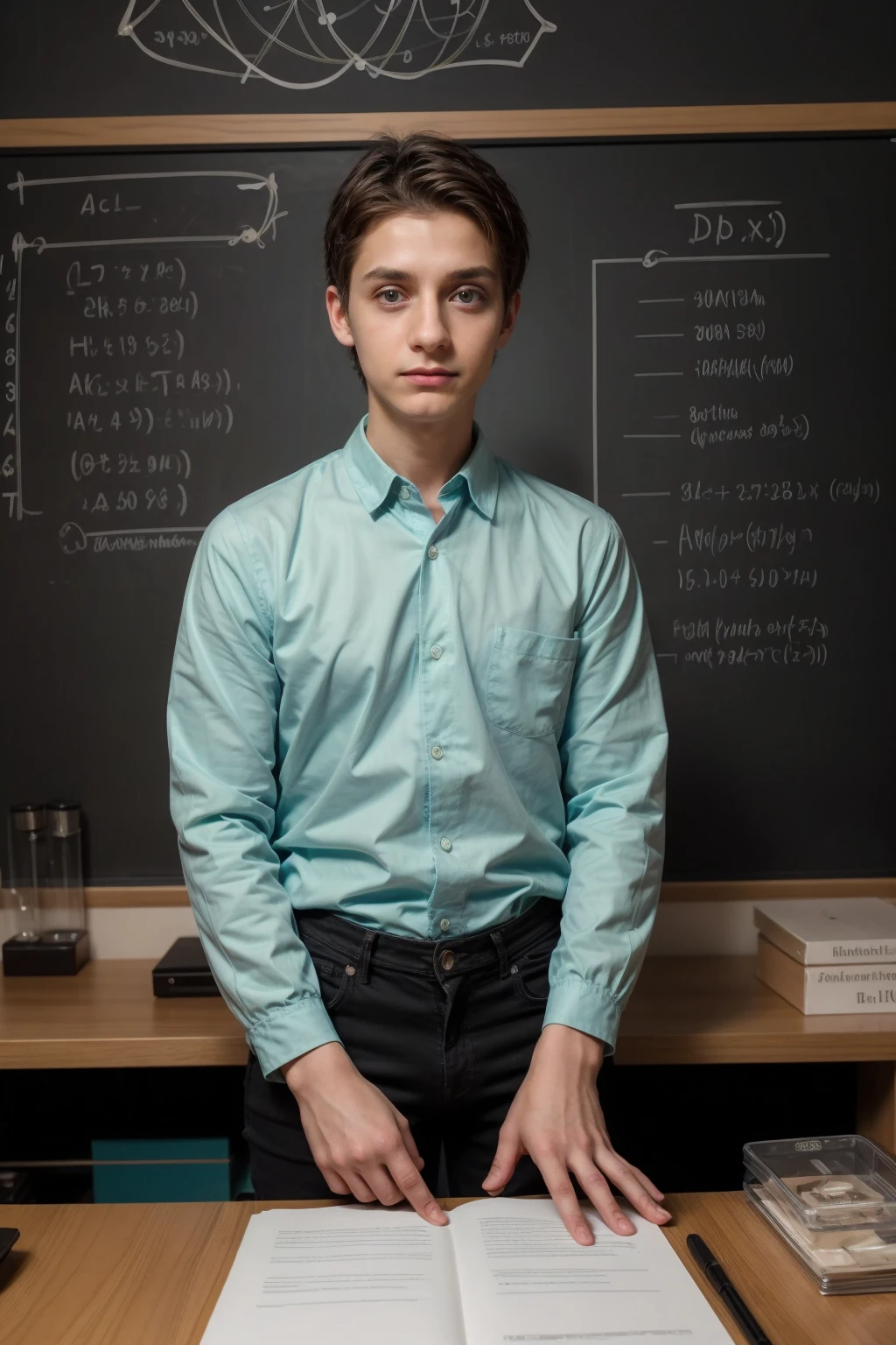 A young beautiful doctor, a cute twink, a male doctor with a make-up face. He is wearing a long-sleeved aquamarine shirt and black jeans. He is in his luxurious scientific office, and behind him is a blackboard on which neurons and calculus are written. He looks in amazement and shock, and his eyes have dark circles underneath them.