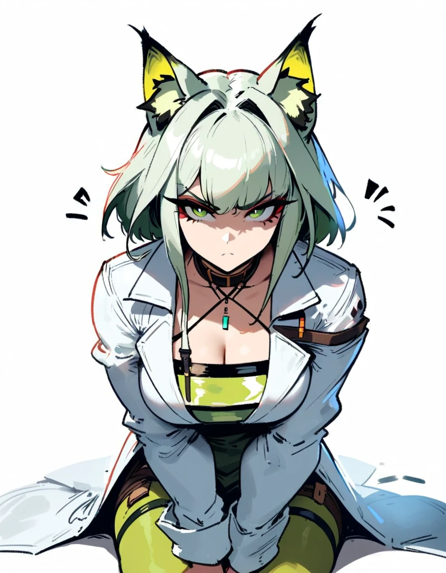 1girl, kal'tsit \(arknights\), arknights \\\\\ masterpiece, best quality, very aesthetic, absurdres, newest \\\\\\ slim body,///// ,by nyantcha,cutesexyrobutts , by khyle,,////// ,,,, , ,,detailed face, , ,, , , , , beautiful face, (white background:1.2), , sexy, , serious.angry, green eyes, animal ears, , ,,,big tits,), in the center of the frame,,, ,wears a lab coat, ,full body , solo, sit