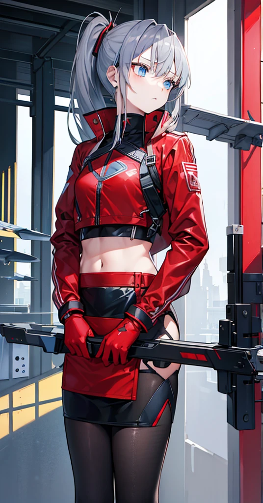 Girl，Gray Hair，High Ponytail，Blue Eyes。Carrying two long columns，Red jacket and black long sleeves，Black miniskirt for lower body，Both the top and bottom have gold patterns。Technology，flat chest，Shotgun，Airplane anthropomorphism。