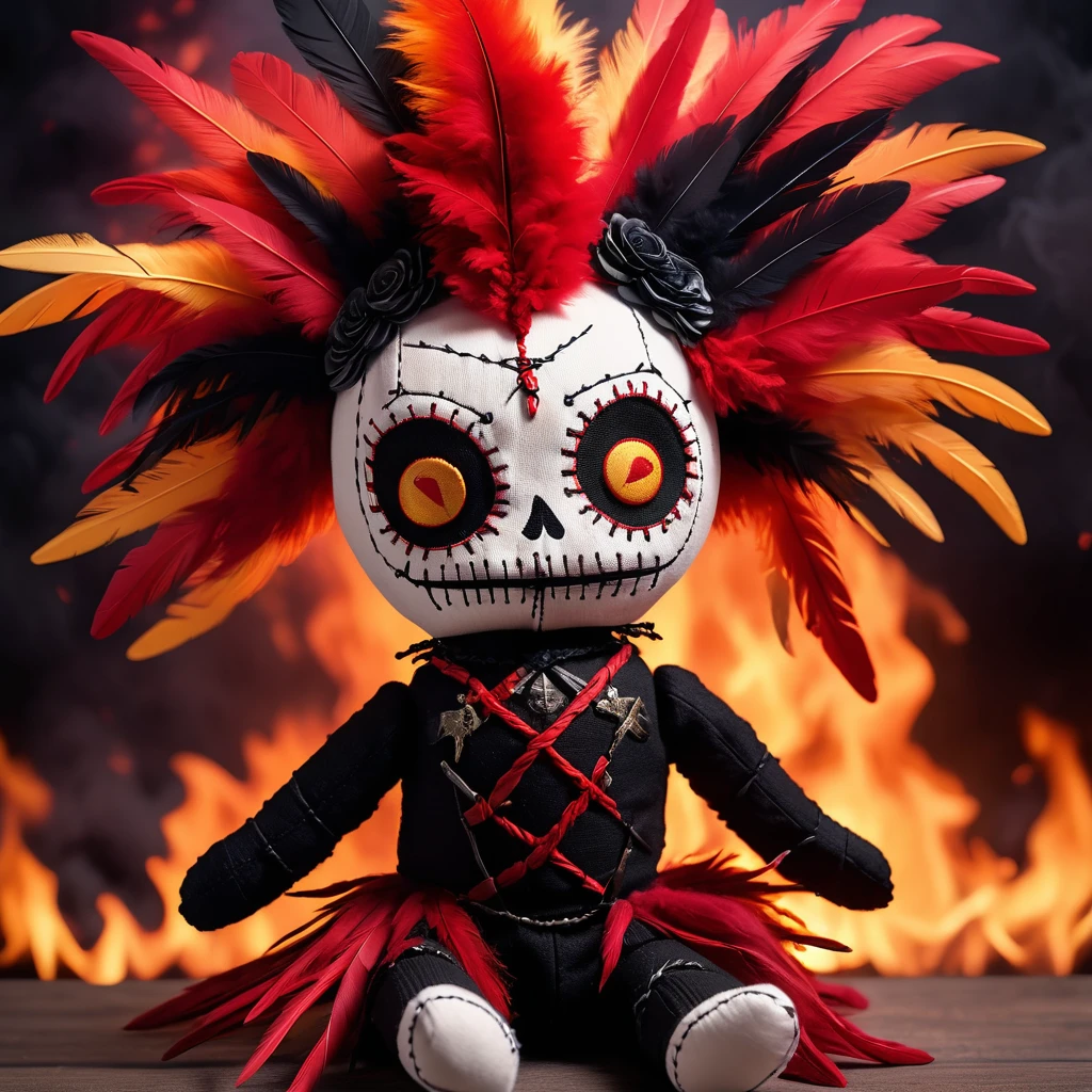 (knitted toy voodoo doll: 1.7), (Voodoo Dark Phoenix: 1.3), (clothes Black and red feathers, wings, mask with flaming eyes: 1.0), (background Ashes, tongues of flame, ashes soaring into the sky: 1.3), best quality, masterpiece, detailed soft oil painting, detailed background, dramatic cinematic lighting, soft edge lighting, professional, dramatic lighting, hard edge lighting, ultra quality, 4k,masterpiece, best quality, 8k, ultra highres, highres, extremely detailed