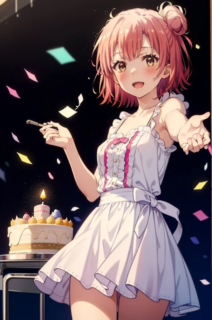 yuiyuigahama, yui yuigahama, short hair, (Brown eyes:1.5), (Pink Hair:1.2), Hair Bun, single Hair Bun, smile,blush,Open your mouth wide,Pink sleeveless dress,Long skirt,Stiletto heels,
,There is a round birthday cake on the desk.,Confetti,cracker,whole bodyがイラストに入るように,
break indoors, Party Venue,
break looking at viewer, whole body,(Cowboy Shot:1.5),
break (masterpiece:1.2), Highest quality, High resolution, unity 8k wallpaper, (figure:0.8), (Beautiful attention to detail:1.6), Highly detailed face, Perfect lighting, Highly detailed CG, (Perfect hands, Perfect Anatomy),