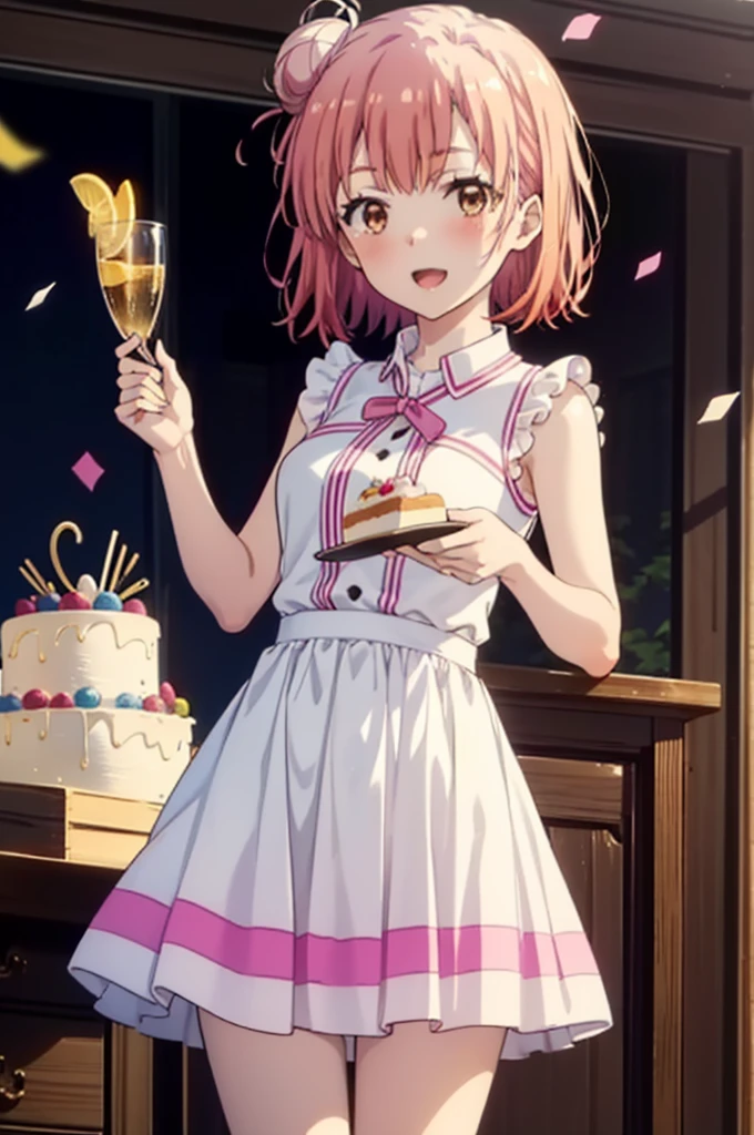yuiyuigahama, yui yuigahama, short hair, (Brown eyes:1.5), (Pink Hair:1.2), Hair Bun, single Hair Bun, smile,blush,Open your mouth wide,Pink sleeveless dress,Long skirt,Stiletto heels,
,There is a round birthday cake on the desk.,Confetti,cracker,whole bodyがイラストに入るように,
break indoors, Party Venue,
break looking at viewer, whole body,(Cowboy Shot:1.5),
break (masterpiece:1.2), Highest quality, High resolution, unity 8k wallpaper, (figure:0.8), (Beautiful attention to detail:1.6), Highly detailed face, Perfect lighting, Highly detailed CG, (Perfect hands, Perfect Anatomy),