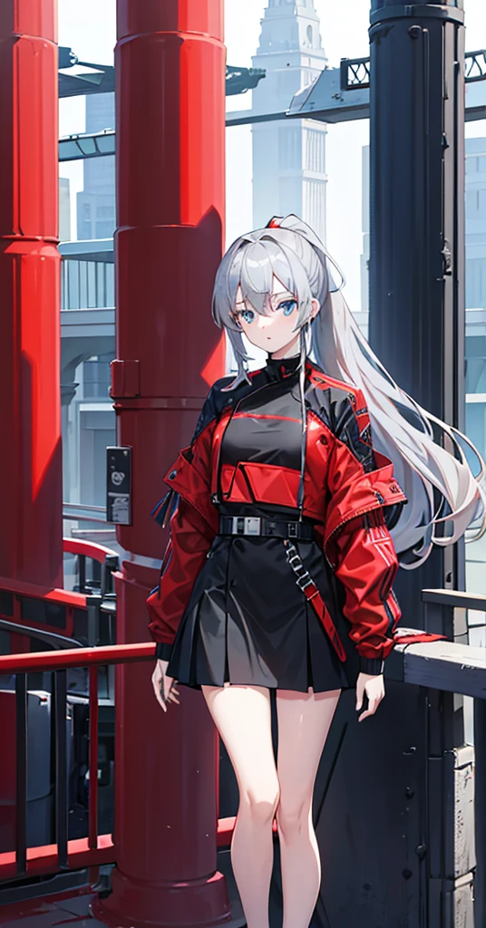 Girl，Gray Hair，High Ponytail，Blue Eyes。Carrying two long columns，Red jacket and black long sleeves，Black miniskirt for lower body，Both the top and bottom have gold patterns。Technology，flat chest，Shotgun，Airplane anthropomorphism。