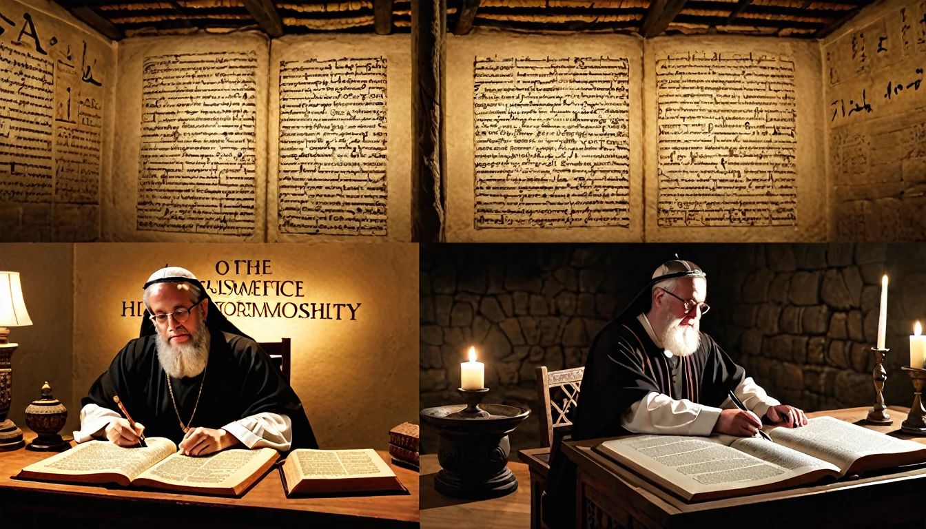 Setting: A symbolic split screen, with one half representing ancient biblical times and the other representing a modern, academic setting.
Subject: On the left, an ancient scene with a scribe writing on a scroll in a dimly lit room, surrounded by traditional artifacts. On the right, a modern scholar sitting at a desk with an open Bible, contemporary notes, and a computer screen displaying a search query for "homosexuality" in the Bible.
Atmosphere: Reflective and educational, using contrasting styles to highlight the difference in interpretation between ancient and modern contexts, emphasizing the concept of looking beyond specific terminology.