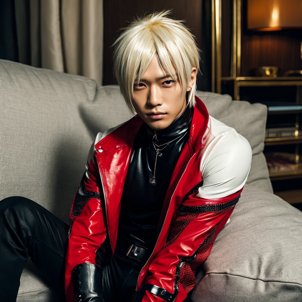 1 man, Japanese man, 30 years old, hairstyle Visual Kei, hair color blonde, muscular, broad shoulders, ultra detailed face and eyes, Asian eyes, pretty face, realistic representation, outfit cyberpunk, black men's shirt and long black pants, sitting on a couch