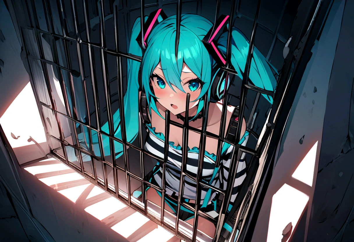 (((​masterpiece, hatsune miku, vocaloid, Super detailed、Digital Cage、prison