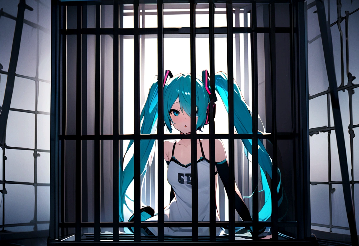 (((masterpiece, hatsune miku, vocaloid, Super detailed、Digital Cage、prison