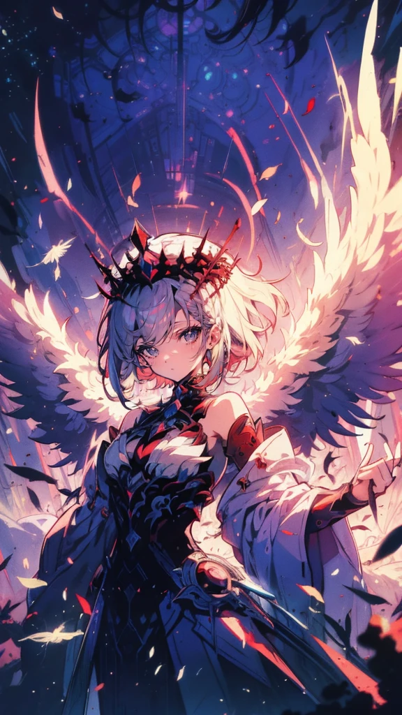 An abstract queen, youthful and alone, stands amidst a chaotic action scene, her half-length image accentuated by the ethereal feather wings at her back.
Modifiers: surreal environment, dynamic contrast, focused clarity, abasterpiece)), ((best quality)), ultra detailed,((illustration)), dynamic angle, detailed light, (delicate eyes), (ahoge:0.8),apathy, ray，frontage，style of anime4 k， 4k anime wallpaper， badass anime 8 k， 4 k comic wallpaper