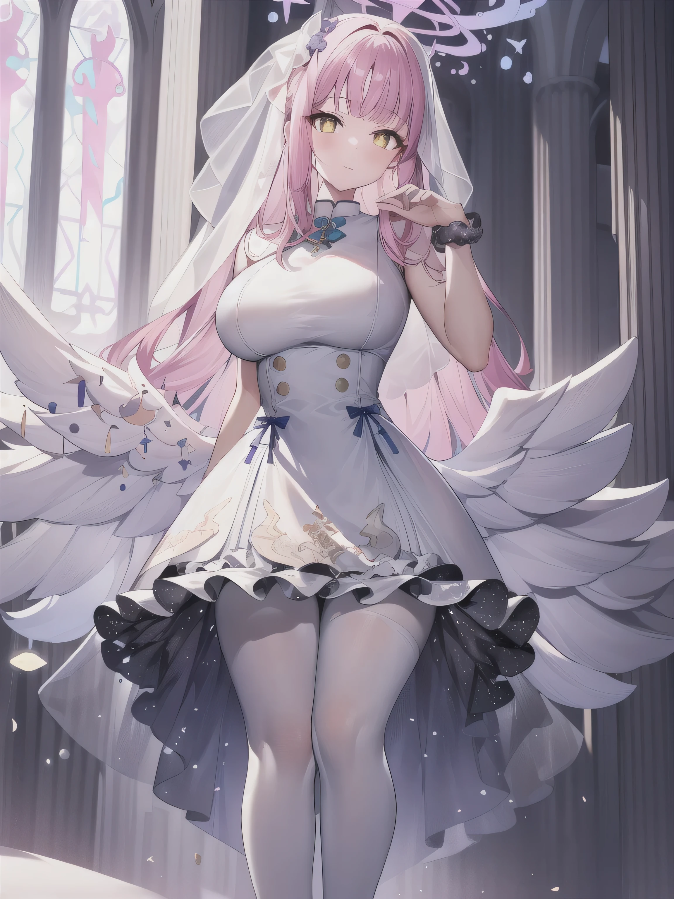 A girl，long hair, bangs, Pink hair, Hair between the eyes, Eye:1.5),  (Large Breasts:1.2), 
rest clavicle, Wedding dress，Veil，wedding，White dress，Flowers，Broken skirt，White socks，Tights，White knee socks，
looking at viewer, whole body,
indoors, church，Standing，Standing，
rest (masterpiece:1.2), best quality, high resolution, Unity 8k Wallpaper, (illustration:0.8), (Beautiful and delicate Eye:1.6), Extremely detailed face, Perfect lighting, Extremely detailed CG, (Perfect hands, Perfect anatomical structure),