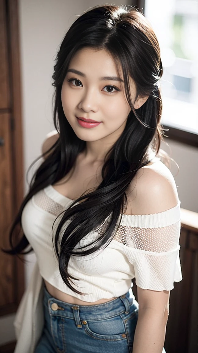 best quality, masterpiece, beautiful and aesthetic, 16K, (HDR:1.4), high contrast, bokeh:1.2, lens flare, (vibrant color:1.4), (muted colors, dim colors, soothing tones:0), cinematic lighting, ambient lighting, sidelighting, Exquisite details and textures, cinematic shot, Warm tone, (Bright and intense:1.2), wide shot, by playai, ultra realistic illustration, siena natural ratio, anime style, a picture from a high angle, a view from above, long Straight black hair with blunt bangs, (a charming smile:1), Gray bracelet, a oversized off-shoulder pink an oversized T-shirt, jeans, playing Gibson bass guitar, a sexy instagram Hot Swiss model, with a tattoo, oversized clevage, Broken Glass effect, no background, stunning, something that even doesn't exist, mythical being, energy, molecular, textures, iridescent and luminescent scales, breathtaking beauty, pure perfection, divine presence, unforgettable, impressive, breathtaking beauty, Volumetric light, auras, rays, vivid colors reflects.