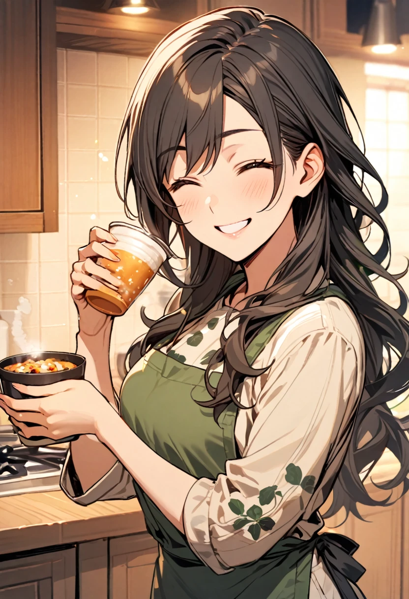 Beautiful, eyes closed, smiling, kind, single, 1 girl with long hair, black hair, brown-black eyes, kitchen outfit, brown-green tone. Hand holding a food cup