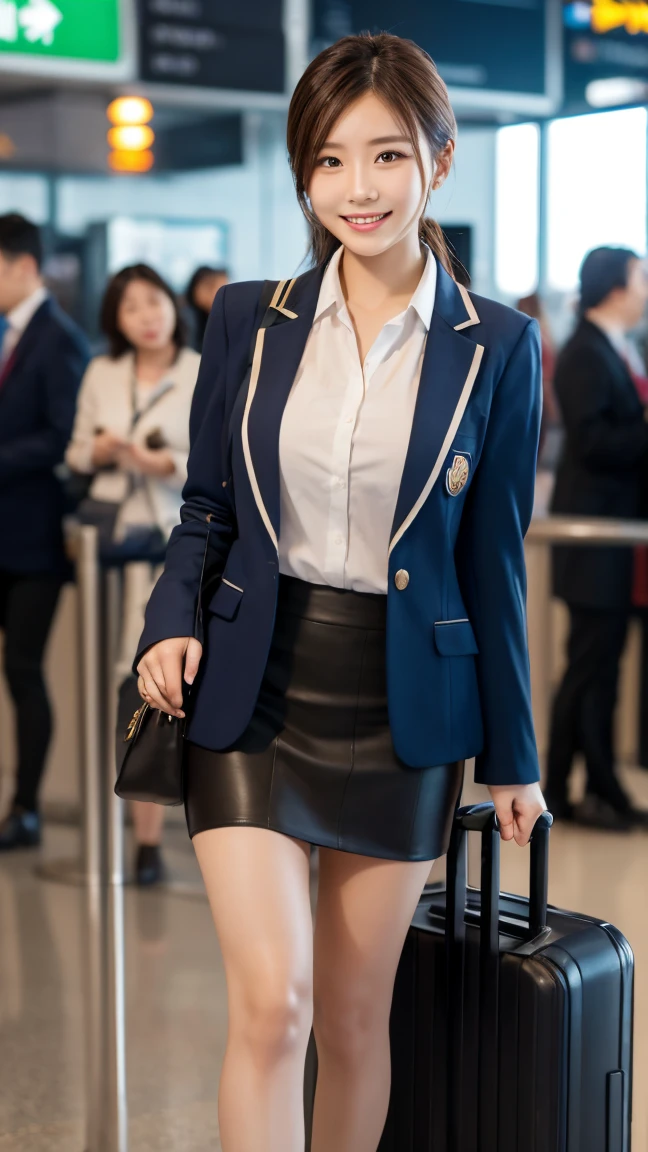 highest quality、table top、8k、best image quality、Award-winning work)、one beautiful woman、radiant beautiful skin , masterpiece、top-quality、The ultra -The high-definition、depth of fields、lens flare 1 girl、、brown hair、watching at viewers glares, large breasts , stewardess uniform, stewardess blazer, short skirt, (ysl high heels), perfect legs, model pose , smiling , airline booth at airport departures, pantyhose