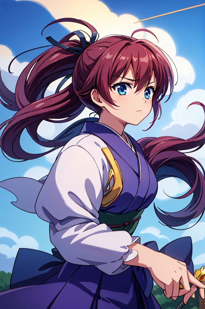 Highest quality, masterpiece, High resolution, alone, （Rurouni Kenshin: Saito Hajime），（Glaring Eyes），roar，（Bow and Arrow) ，Draw the bow，（（Kyudo）），kimono，（Bow and Arrow‗ポーズ），（Blue Breastplate），Evening sky_background，Young Girl，Anime Style, Highest quality, 4K, masterpiece,， alone, 1,whole body，looking at the camera, Shinkai Makoto style, （white_coat）Sharp Eyes，Low posture，（(spear‗pose)) ，（Full Finger）, （Accurate fingertips）, （The finer details）, （Anatomically correct）, (映画のbackground), Hyper Detail, (Subtle details), (Intricate details),