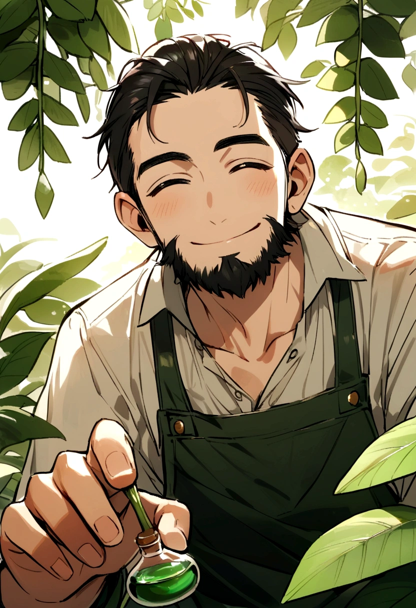 FARMER, TAKING OIL DROPS, PLANTS, YOUNG, BLACK BEARD , smiling
