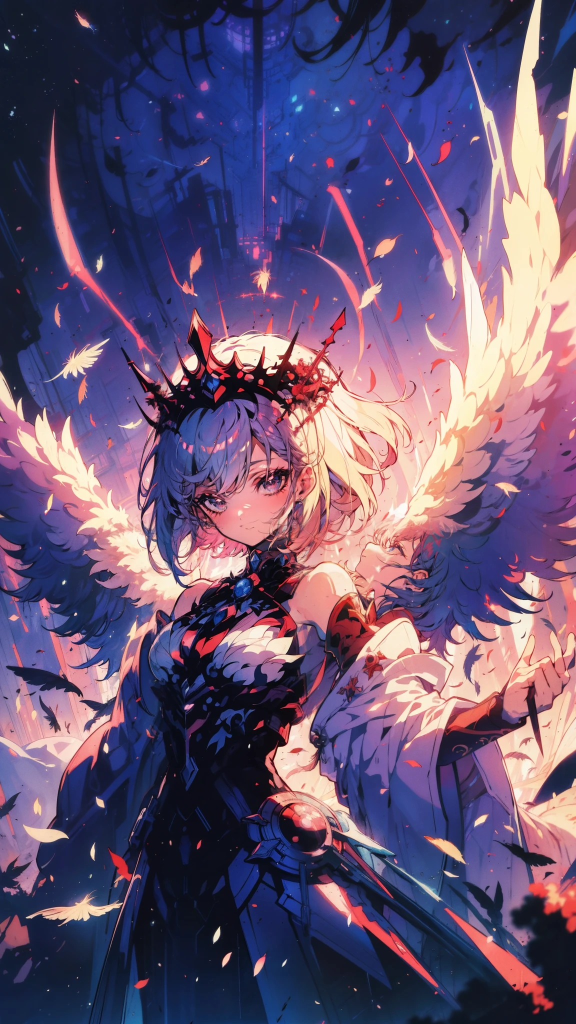 An abstract queen, youthful and alone, stands amidst a chaotic action scene, her half-length image accentuated by the ethereal feather wings at her back.
Modifiers: surreal environment, dynamic contrast, focused clarity, abasterpiece)), ((best quality)), ultra detailed,((illustration)), dynamic angle, detailed light, (delicate eyes), (ahoge:0.8),apathy, ray,frontage,style of anime4 k, 4k anime wallpaper, badass anime 8 k, 4 k comic wallpaper