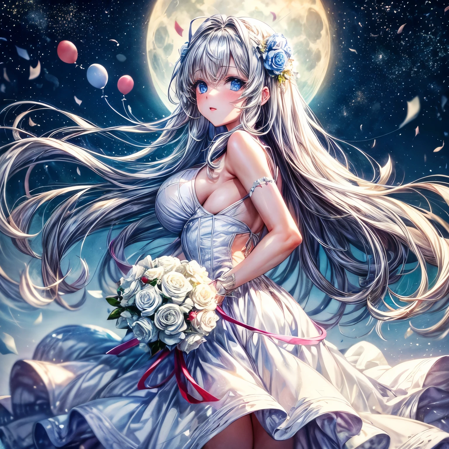 ｛worst quality, low quality｝, facefocus, looking-up, A girl, White dress, (big breasts), (long silver hair), plump glossy lips, (beautiful clear Blue eyes:1.2), a flared skirt with a pure whitelace, holding a bouquet of pure white roses in her hands, cute pose, ((Perfect Hands:1.2)), looking back, (Many balloons 🎈 are floating against the background of a beautiful night sky with a bright blue full moon), Blessed flowers fluttered like a blizzard and her beautiful hair swayed in the wind, masterpiece, best quality, ultra detailed, Super detailed,