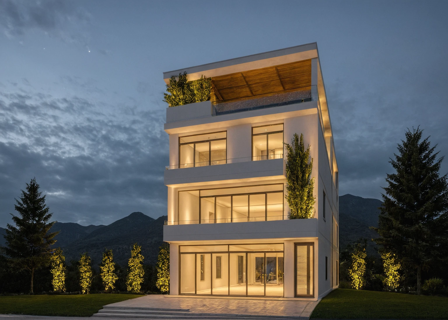 Masterpiece, high quality, best quality, authentic, super detail, outdoors, onestoreyvillaXL, aiaigroup, luxury neoclassic house style, on the street ,glass, stairs, white wall ,road,pavement, grass, trees, sky, cloud, (moutain background) (night light:1.1)