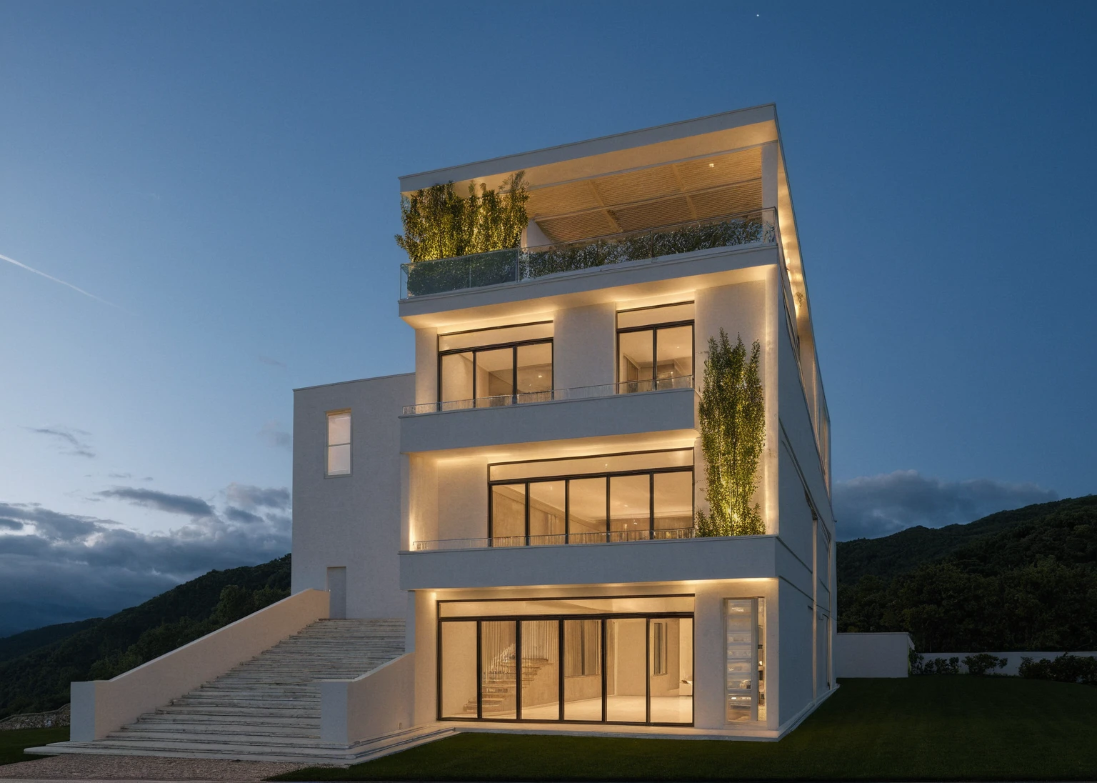 Masterpiece, high quality, best quality, authentic, super detail, outdoors, onestoreyvillaXL, aiaigroup, luxury neoclassic house style, on the street ,glass, stairs, white wall ,road,pavement, grass, trees, sky, cloud, (moutain background) (night light:1.1)