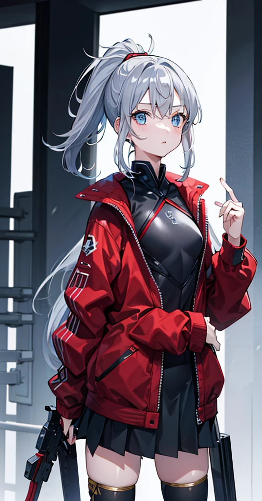 Girl,Gray Hair,High Ponytail,Blue Eyes。Carrying two long columns,Red jacket and black long sleeves,Black miniskirt for lower body,Both the top and bottom have gold patterns。Technology,flat chest,Shotgun,Airplane anthropomorphism。