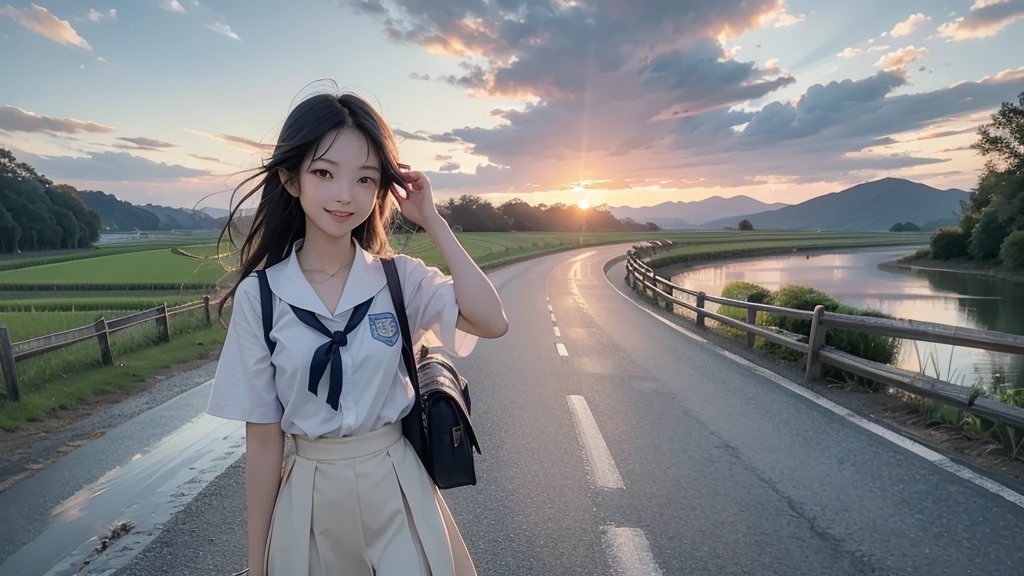 8K、RAW Photos、Highest quality、Super detailed、Super Resolution、Ultra HD、8K壁紙、Amazing details summer、evening、sunset、A rural road lined with rice fields、Paved roads、Woman walking on a country road、16 year old school girl in uniform、Drink water、School bag、Blue sky、Shining Sun、Water bottle、smile
