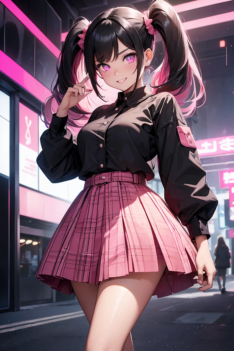 ((1 Girl)), Latest Fashion Trends, Selfie,Get excited, Red Check Skirt, Black clothes ,Street fashion,Cowboy Shot,((Very detailed,Highest quality, High resolution, 8k wallpaper, Beautiful clothes,)),((Black Hair, Long Hair,Straight hair,Twin tails)), (teeth), Grinning face, C Cup, eye shadow, eyeliner, Very detailed目, Clear Eyes, Beautiful Eyes, ((Glowing pink eyes)), 15-year-old girl.