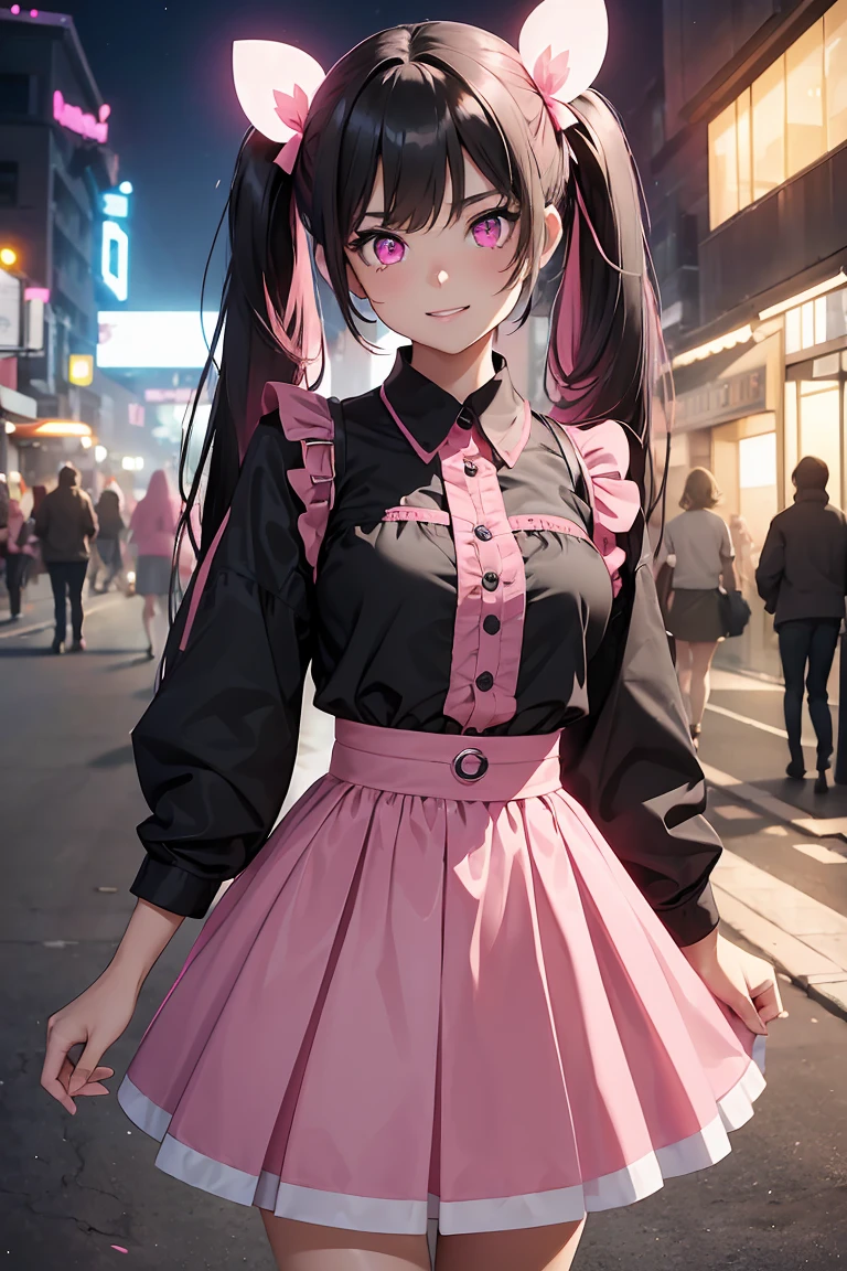 ((1 Girl)), Latest Fashion Trends, Selfie,Get excited, Red Check Skirt, Black clothes ,Street fashion,Cowboy Shot,((Very detailed,Highest quality, High resolution, 8k wallpaper, Beautiful clothes,)),((Black Hair, Long Hair,Straight hair,Twin tails)), (teeth), Grinning face, C Cup, eye shadow, eyeliner, Very detailed目, Clear Eyes, Beautiful Eyes, ((Glowing pink eyes)), -yeld gi
