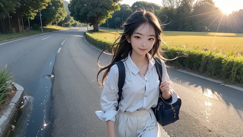 8K、RAW Photos、Highest quality、Super detailed、Super Resolution、Ultra HD、8K壁紙、Amazing details summer、evening、sunset、A rural road lined with rice fields、Paved roads、Woman walking on a country road、16 year old school girl in uniform、Drink water、School bag、Blue sky、Shining Sun、Water bottle、smile
