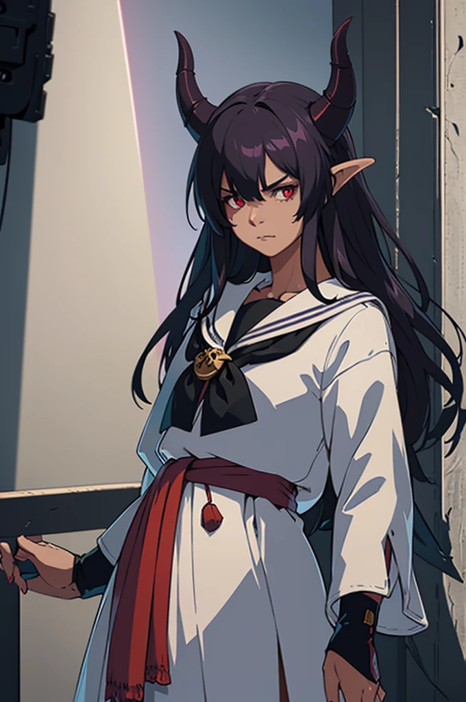 A tiefling with black disheveled hair, light purple skin, and stoic expression. The tiefling has horns above the eyes and beautiful red eyes. The image is in high resolution (best quality, 4k, highres:1.2) with ultra-detailed features and a realistic, photorealistic style (realistic, photorealistic:1.37). The overall color tone is light and pastel, with a soft and serene atmosphere. The lighting is gentle and diffused, casting a subtle glow on the tiefling's face. sailor cloths, standing on dock