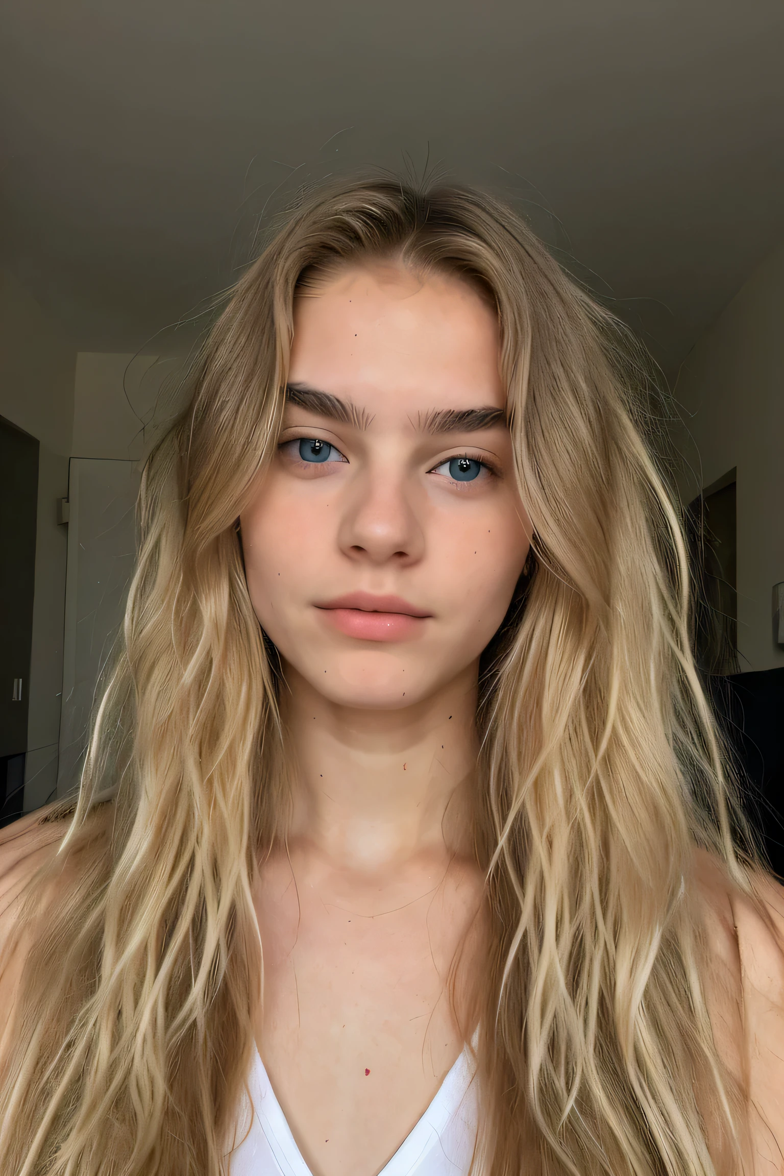 beautiful blonde model, 18 years, poitrine 95D, long and wavy blonde hair, Blue eyes, dark eyebrows, Standing in front of the camera