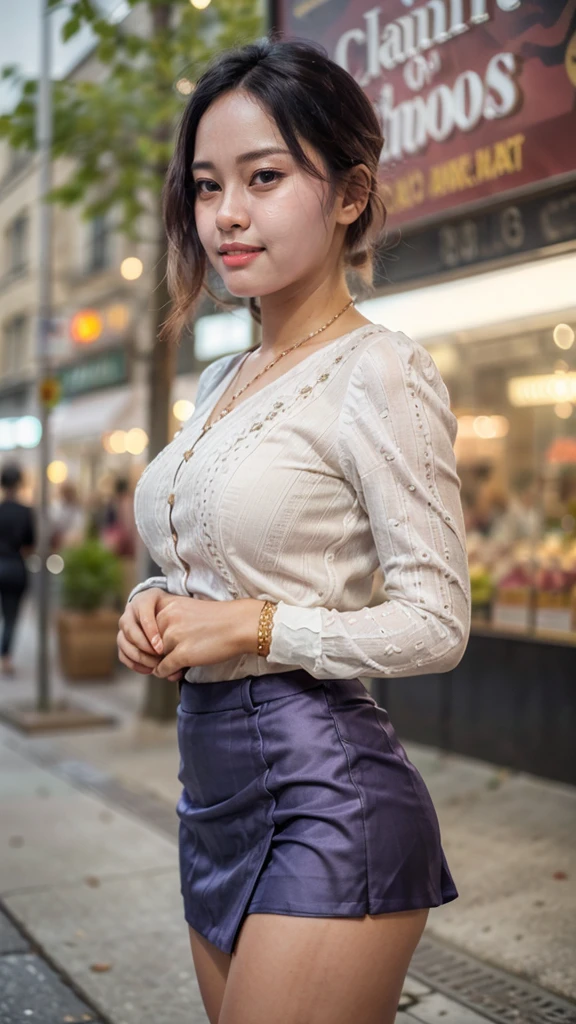 8k, masterpiece, RAW photo, best quality, photorealistic, extremely detailed CG unity 8k wallpaper, Depth of field, Cinematic Light, Lens Flare, Ray tracing, (extremely beautiful face, beautiful lips, beautiful eyes), intricate detail face, ((ultra detailed skin)) 1girl, pretty lady MoonLay, in the dark, deep shadow, pretty korean girl, kpop idol,(very slim slender fit-muscled body:1.3), ((looking at viewer)),(big smile:1.3), (night, (neon sign), (blurry background), midnight, (without people in the background:1.3), pretty korean girl, white diamond earrings, bracelets, necklace, clear eyes, walking , front shot, Standing in front of neon Lights, (pale skin), (big eyes), full body shot, ((see through blouse)), (hot satin purple color blouse)), ((purple satin laced skirt)), (looking at viewer:1.3), very slim, breast, super round big breasts under the dress, Hermes bag, mini skirt, updo hair, short hair, front face shot, ((Face Shot)), medium butts