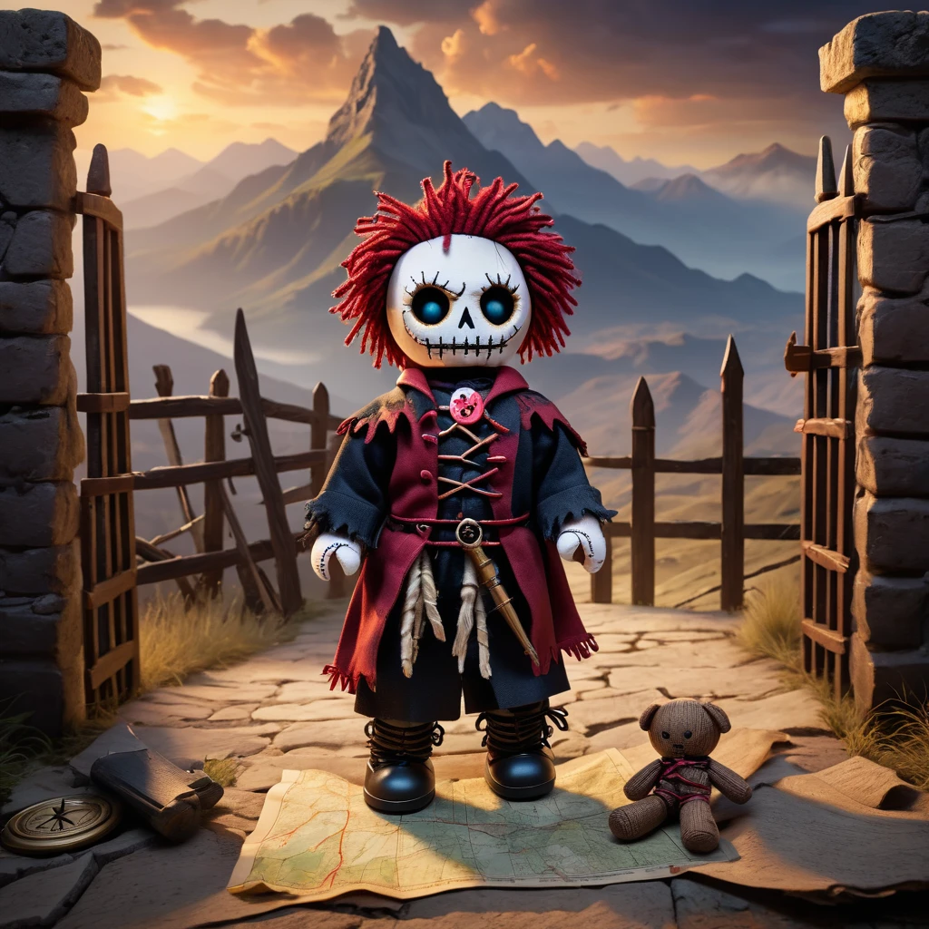 (knitted toy voodoo doll:1.7), (Voodoo Cursed Traveler:1.3), (clothes Worn cloak, compass, old map:1.0), (in the background Destroyed gate, trampled path, distant mountains:1.3), best quality, masterpiece, detailed soft oil painting, detailed background, dramatic cinematic lighting, soft edge lighting, professional, dramatic lighting, hard edge lighting, ultra quality, 4k,masterpiece, best quality, 8k, ultra highres, highres, extremely detailed