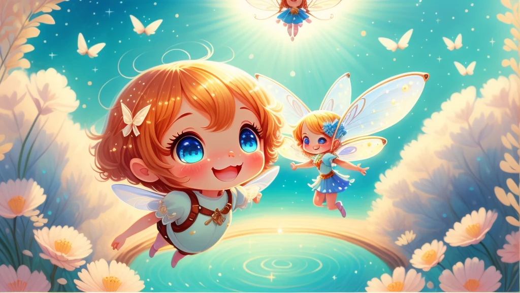 Cute  s, light colors hair, blue eyes, gossamer,illustration, A masterpiece in bright light, stunning art! The art of magic, fairy tale artwork, inspiring art, exquisite artwork high quality、masterpiece、Sparkling fairies、smile、Fly 10 meters above the beautiful springs、sky diving
