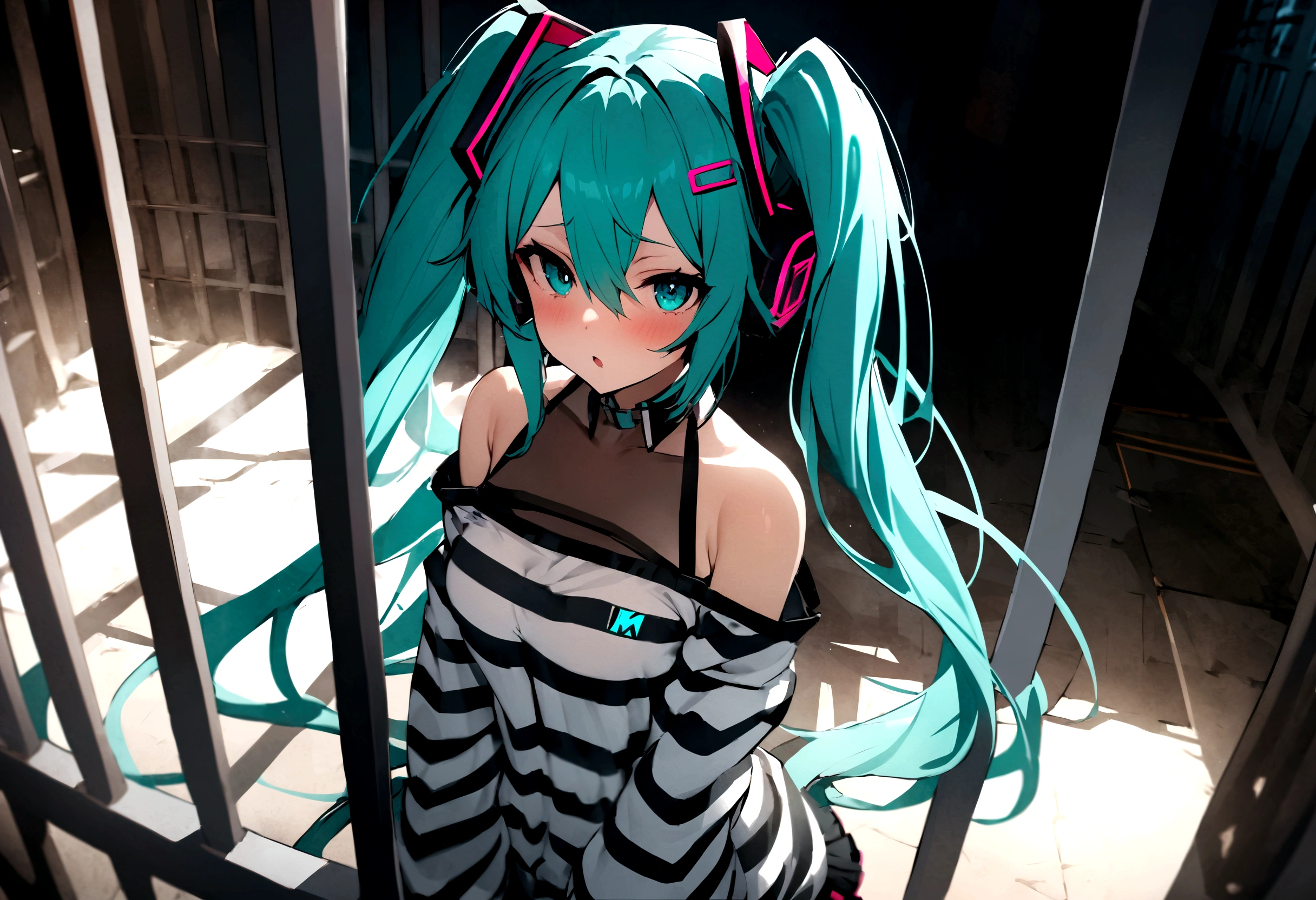 (((​masterpiece, hatsune miku, vocaloid, Super detailed、Digital Cage、prison