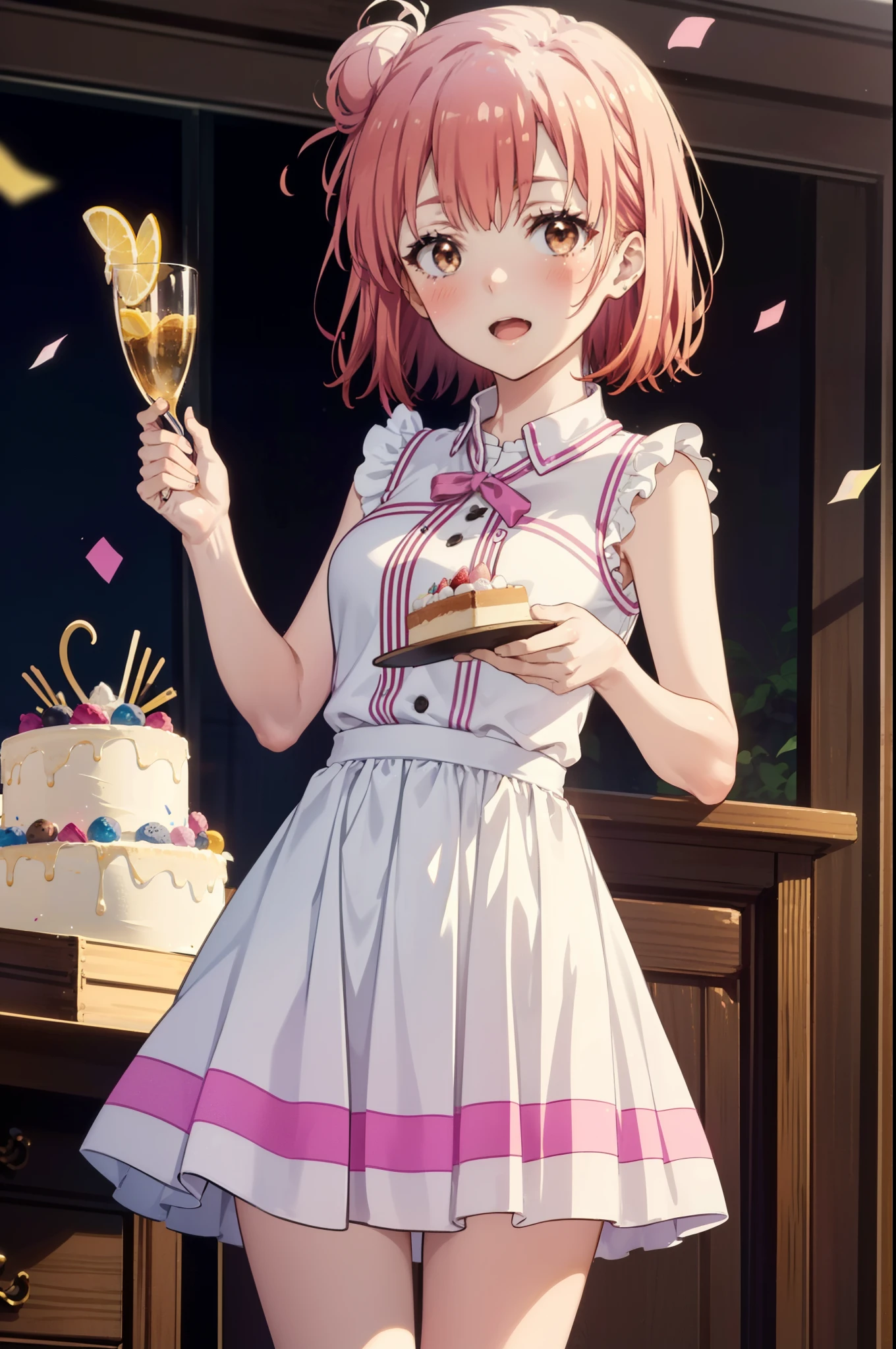 yuiyuigahama, yui yuigahama, short hair, (Brown eyes:1.5), (Pink Hair:1.2), Hair Bun, single Hair Bun, smile,blush,Open your mouth wide,Pink sleeveless dress,Long skirt,Stiletto heels,
,There is a round birthday cake on the desk.,Confetti,cracker,whole bodyがイラストに入るように,
break indoors, Party Venue,
break looking at viewer, whole body,(Cowboy Shot:1.5),
break (masterpiece:1.2), Highest quality, High resolution, unity 8k wallpaper, (figure:0.8), (Beautiful attention to detail:1.6), Highly detailed face, Perfect lighting, Highly detailed CG, (Perfect hands, Perfect Anatomy),