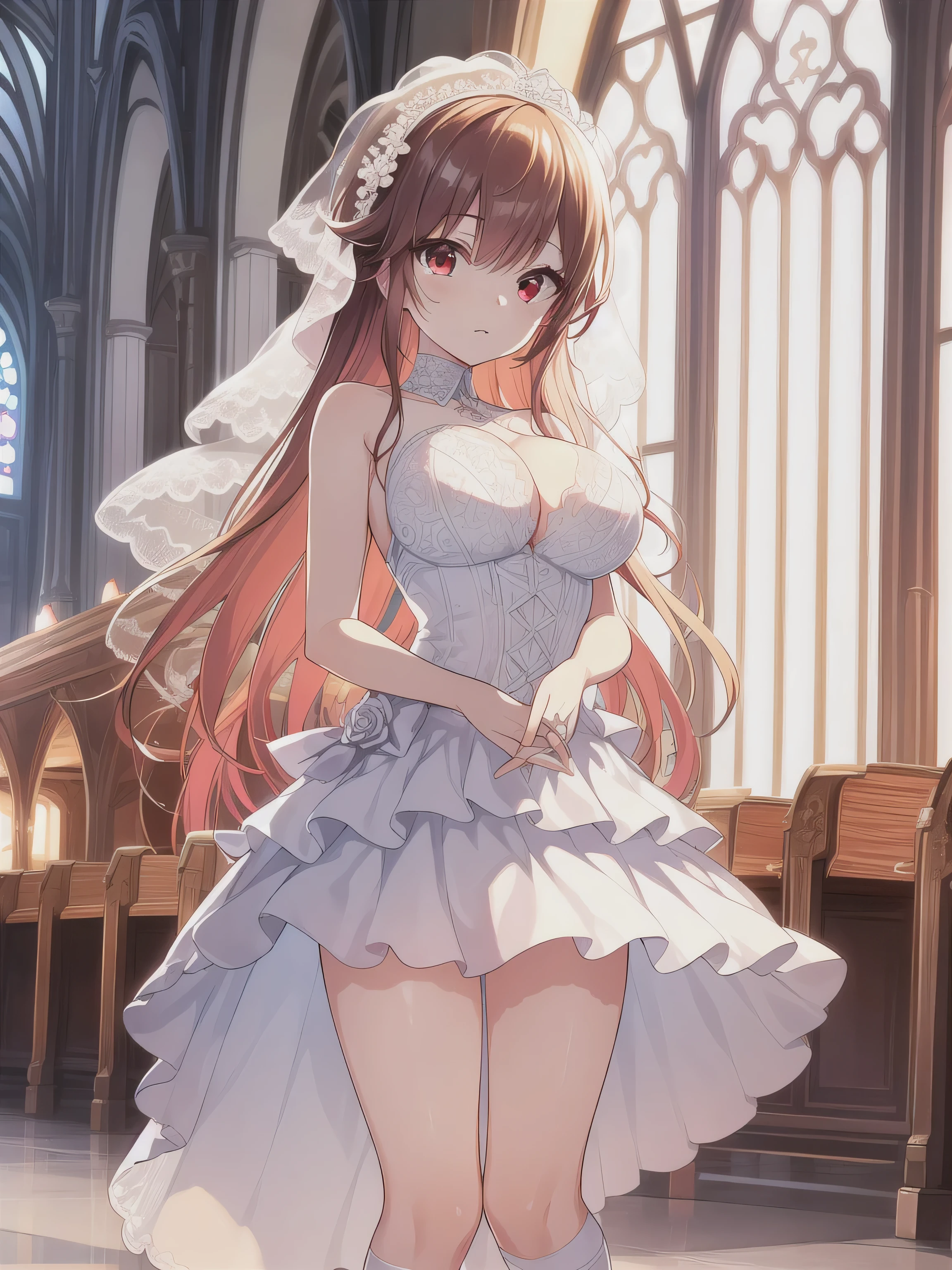 A girl，long hair, bangs, Orange hair, Hair between the eyes, (Red eyes:1.5),  (Large Breasts:1.2), 
rest clavicle, Wedding dress，Veil，wedding，White dress，Flowers，Broken skirt，White socks，Tights，White knee socks，
looking at viewer, whole body,
indoors, church，Standing，Standing，
rest (masterpiece:1.2), best quality, high resolution, Unity 8k Wallpaper, (illustration:0.8), (Beautiful and delicate eyes:1.6), Extremely detailed face, Perfect lighting, Extremely detailed CG, (Perfect hands, Perfect anatomical structure),