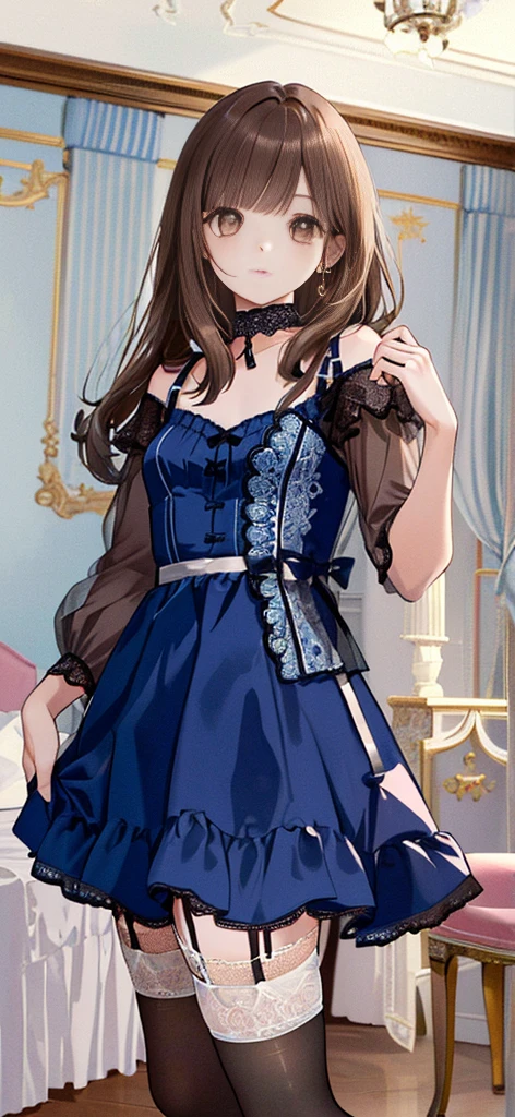 ((masterpiece)), ((best quality)), ((ultra detailed)), ((kawaii)), cute, (lovely), ((extremely detailed)), ((8K)), (beautiful), full body, luxury room, a cute girl, 1girl, solo, blue mini camisole dress,beautiful light brown hair, ((detailed beautiful brown eyes)), white-skinned, flat breast, tiny breast, garter belt,(garter stockings:1.4),pink eyeshadow