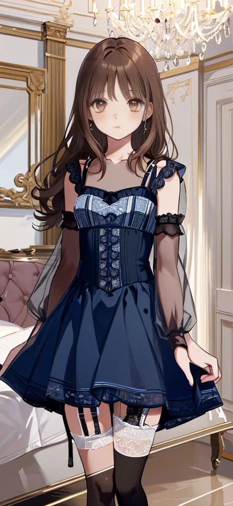 ((masterpiece)), ((best quality)), ((ultra detailed)), ((kawaii)), cute, (lovely), ((extremely detailed)), ((8K)), (beautiful), full body, luxury room, a cute girl, 1girl, solo, blue mini camisole dress,beautiful light brown hair, ((detailed beautiful brown eyes)), white-skinned, flat breast, tiny breast, garter belt,(garter stockings:1.4),pink eyeshadow
