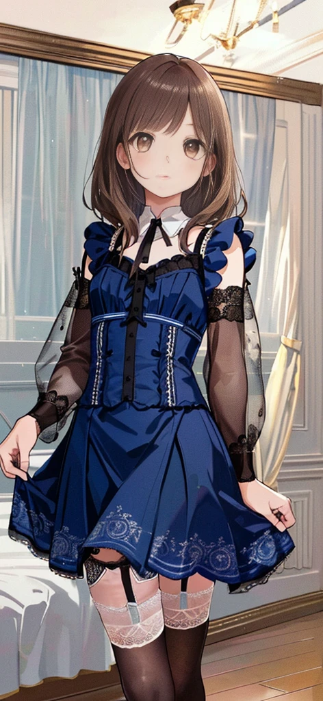 ((masterpiece)), ((best quality)), ((ultra detailed)), ((kawaii)), cute, (lovely), ((extremely detailed)), ((8K)), (beautiful), full body, luxury room, a cute girl, 1girl, solo, blue mini camisole dress,beautiful light brown hair, ((detailed beautiful brown eyes)), white-skinned, flat breast, tiny breast, garter belt,(garter stockings:1.4),pink eyeshadow