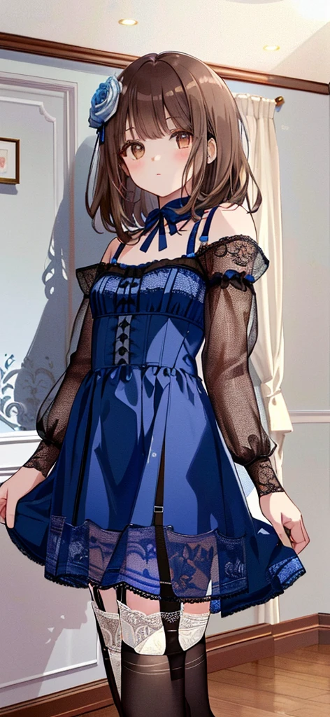 ((masterpiece)), ((best quality)), ((ultra detailed)), ((kawaii)), cute, (lovely), ((extremely detailed)), ((8K)), (beautiful), full body, luxury room, a cute girl, 1girl, solo, blue mini camisole dress,beautiful light brown hair, ((detailed beautiful brown eyes)), white-skinned, flat breast, tiny breast, garter belt,(garter stockings:1.4),pink eyeshadow