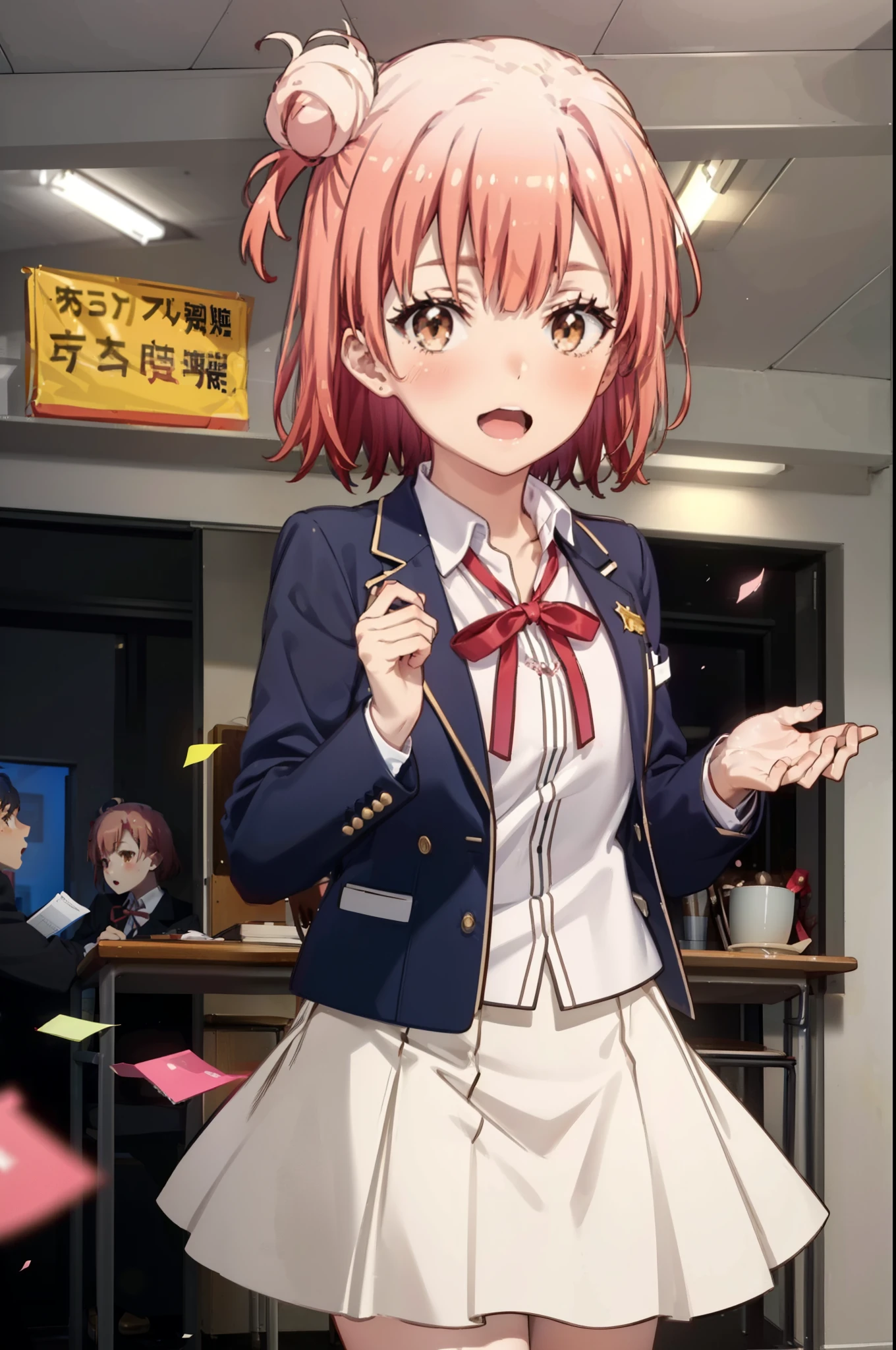 yuiyuigahama, yui yuigahama, short hair, (Brown eyes:1.5), (Pink Hair:1.2), Hair Bun, single Hair Bun, smile,blush,Open your mouth wide,
break skirt, shirt, ribbon, , Jacket, white shirt, black Jacket, blazer, Black knee-high socks,Brown loafers,There is a round birthday cake on the desk.,Confetti,cracker,
break indoors, classroom,
break looking at viewer, (Cowboy Shot:1.5),
break (masterpiece:1.2), Highest quality, High resolution, unity 8k wallpaper, (figure:0.8), (Beautiful attention to detail:1.6), Highly detailed face, Perfect lighting, Highly detailed CG, (Perfect hands, Perfect Anatomy),