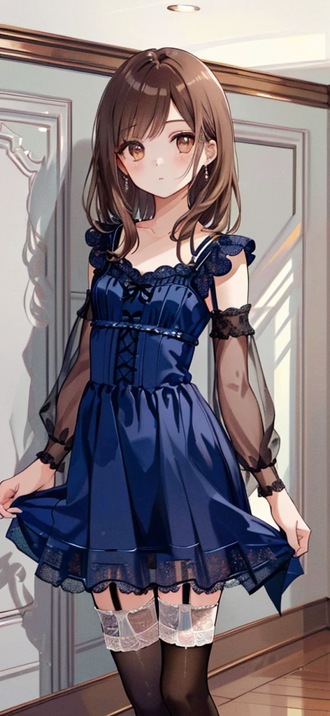 ((masterpiece)), ((best quality)), ((ultra detailed)), ((kawaii)), cute, (lovely), ((extremely detailed)), ((8K)), (beautiful), full body, luxury room, a cute girl, 1girl, solo, blue mini camisole dress,beautiful light brown hair, ((detailed beautiful brown eyes)), white-skinned, flat breast, tiny breast, garter belt,(garter stockings:1.4),pink eyeshadow