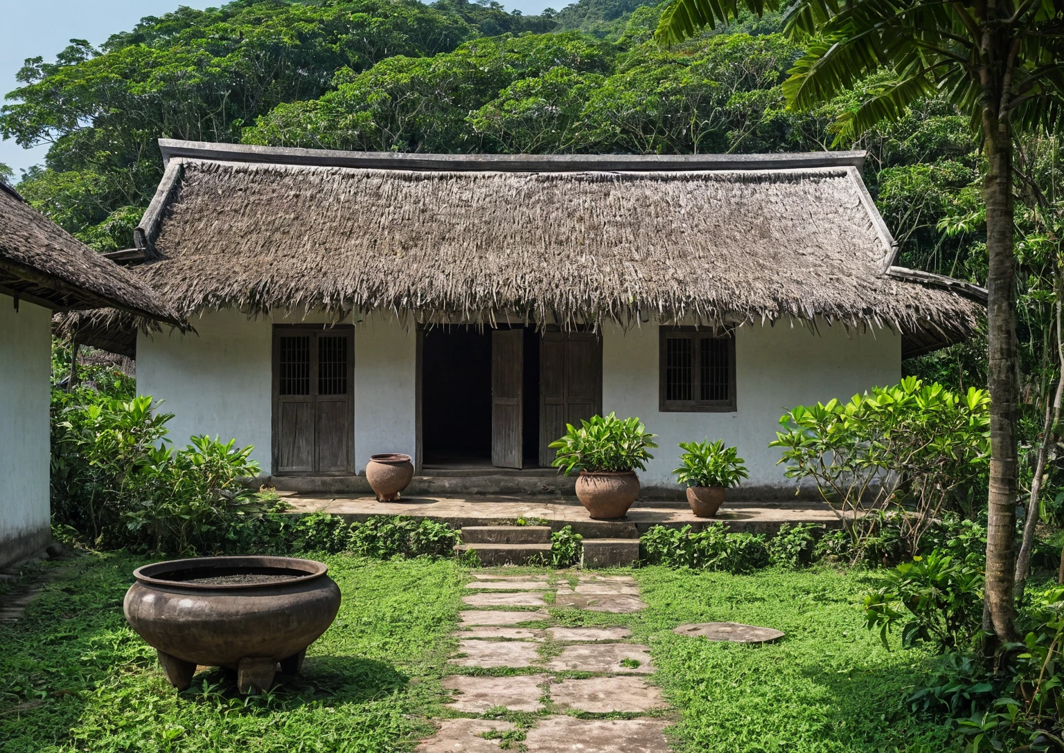 there is a large pot sitting outside of a building with a roof, old building, old house, old buildings, hut, longhouse, centre image, frontview, inside house in village, village house, an abandonded courtyard, roof with vegetation, version 3, thatched roofs, colonial house in background, peaked wooden roofs, full - view, phuoc quan