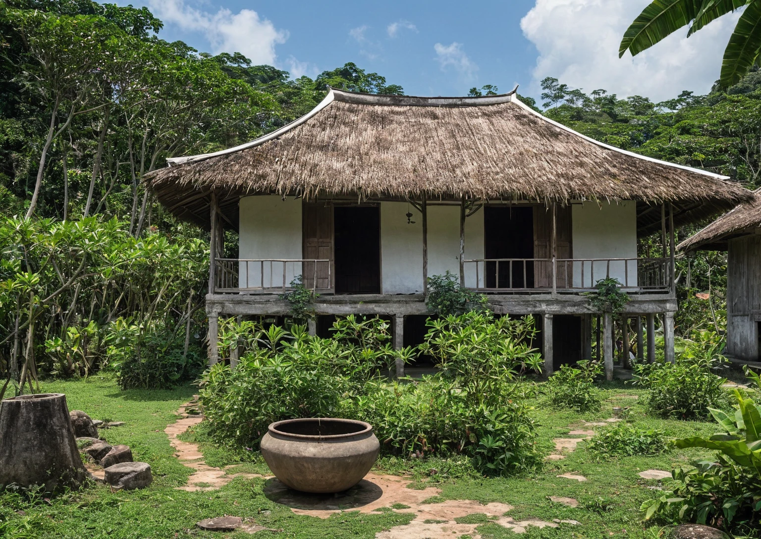 there is a large pot sitting outside of a building with a roof, old building, old house, old buildings, hut, longhouse, centre image, frontview, inside house in village, village house, an abandonded courtyard, roof with vegetation, version 3, thatched roofs, colonial house in background, peaked wooden roofs, full - view, phuoc quan