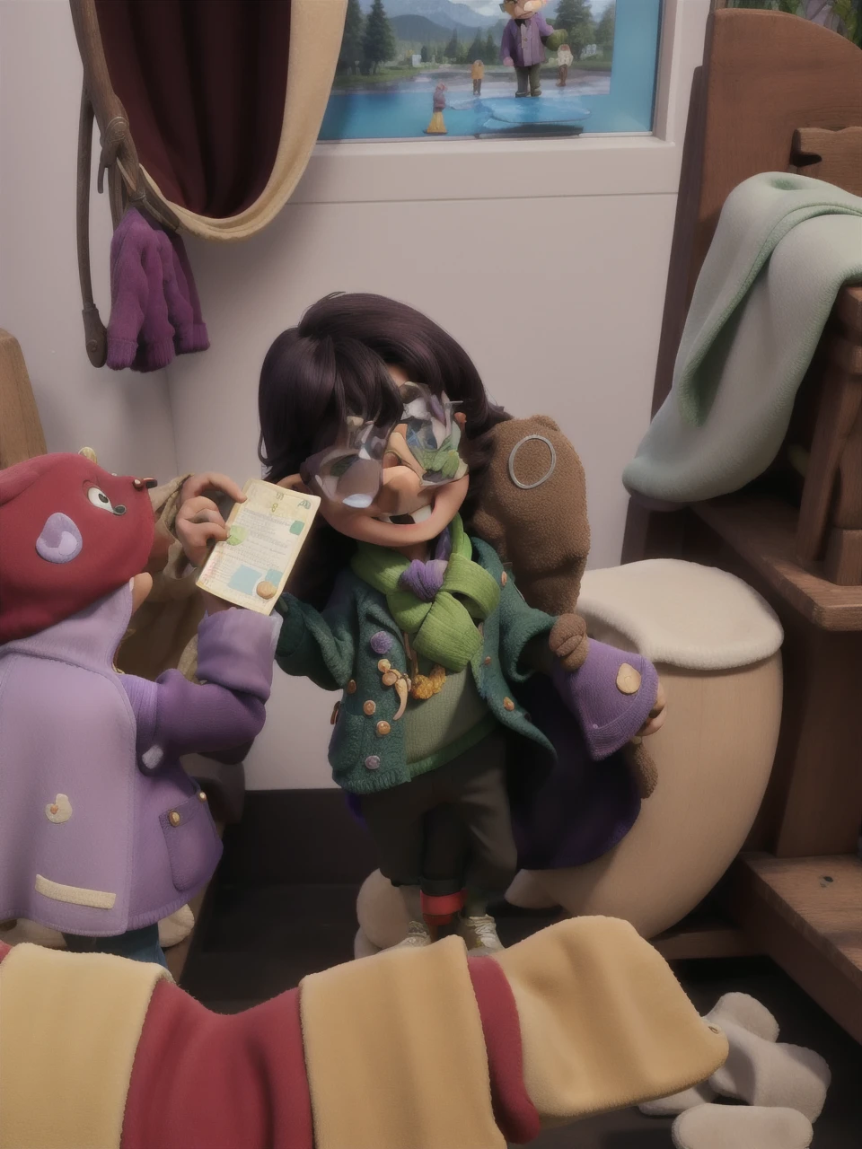 masterpiece, best quality, an childrem with glasses, wearing a purple coat and green scarf, standing at the park