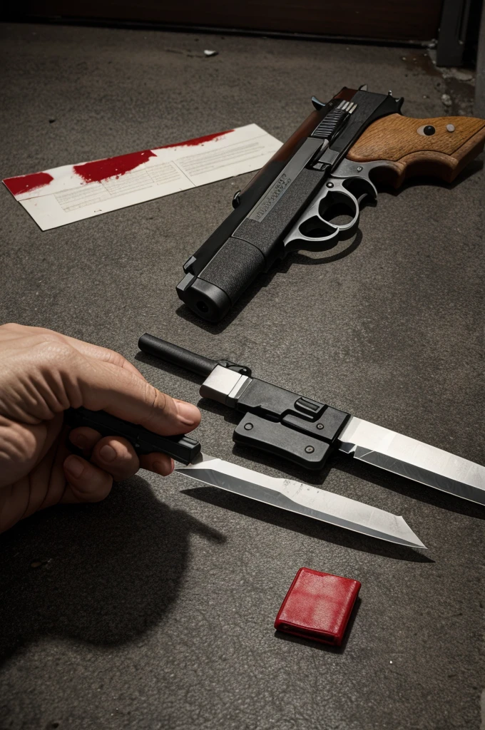 2048×1152 size photo of crime scene with gun and knife with blood