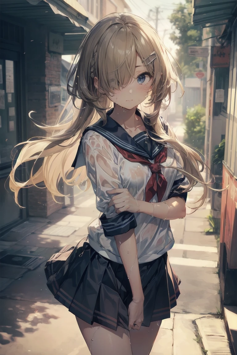Heavy rain,stormy atmosphere,outdoors,highest quality, anime moe art style,Best Anime 8K Kona-chan Wallpaper,Pixiv contest winners,perfect anatomy, (Please draw a girl walking sleepily to school),break, 1 girl, (:1.4),high school student, short hair, amount, (hair above one eye:1.9),All limbs, full finger,medium breasts, between legs, small eyes,Precise blue eyes,hair clip, (sailor suit:1.5),(school uniform:1.5) ,(wet clothes),skirt,On the way to school,break,Super detailed,High resolution,super dense skin,professional lighting,8K eye details,(cute illustration:1.2),blonde hair,(wet hair:1.4),(bra visible through clothes),No expression,(hair above one eye:1.2),(Bawl),(Embarrassed),(steepled fingers)