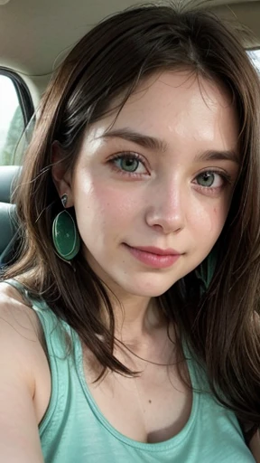 White woman, 35 years old, Brown hair, long hair, messy hair, Nice face, simetric face, Green eyes, Nice body, cute, shy, green tank top, smile, earrings, driving