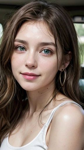 White woman, 35 years old, Brown hair, long hair, messy hair, Nice face, simetric face, Green eyes, Nice body, cute, shy, green tank top, smile, earrings, driving